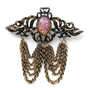 VTG Hobe Jewelry Faux Opal Rhinestone Gold Tone Tassel Brooch - Missing Stones
